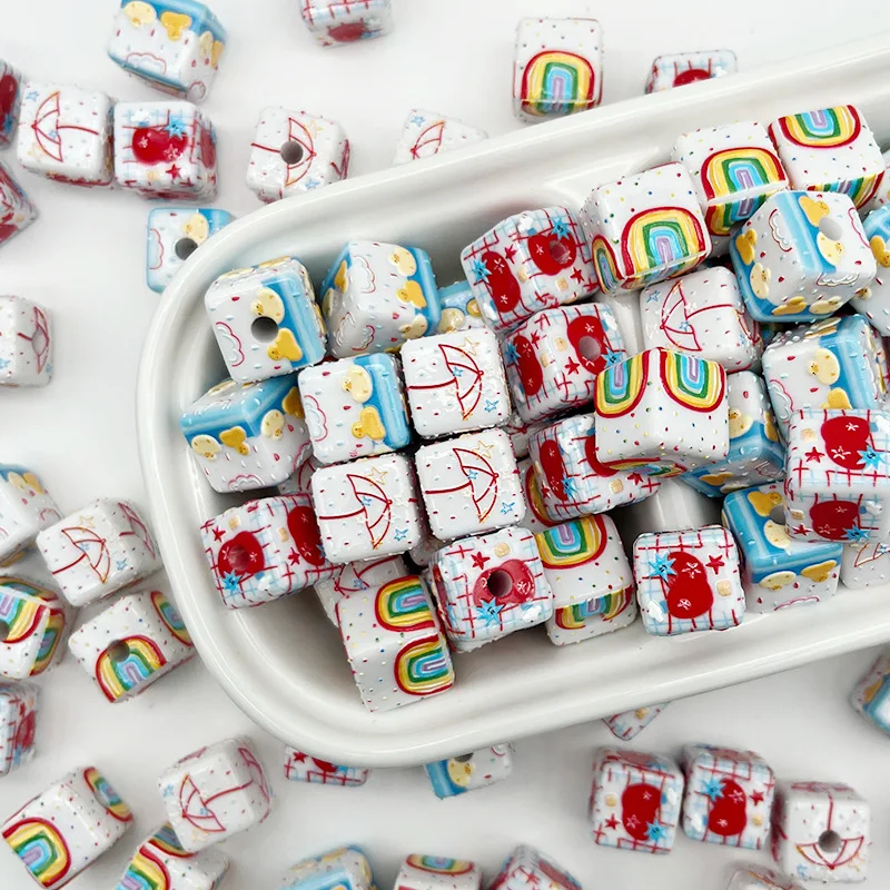 5PCS 14mm Through Hole Embossed Rainbow Duck Square Beads Shoe Buckle Phone Strap Keychain DIY Handmade Loose Jewelry Accessorie