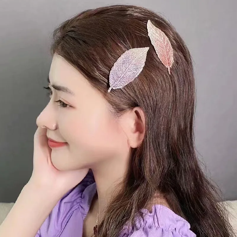 Elegant Embroidered Leaf Hair Clips Women Broken Hair Pins Gradient Color BB Clips Side Bangs Barrettes Hair Accessories