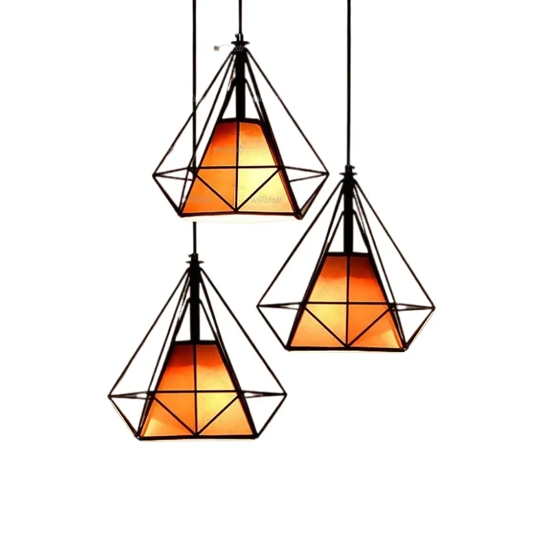 

Ромбовидная потолочная люстра из кованого железа, металлический каркас, тканевый подвесной светильник, подвесной светильник для столовой, бара, кафе, подвесное освещение