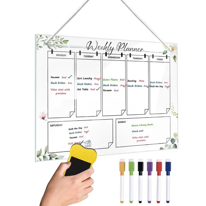 semanal acrilico dry erase board reutilizaveis wall calendar planejador semanal para o quarto inclui cores marcadores 01