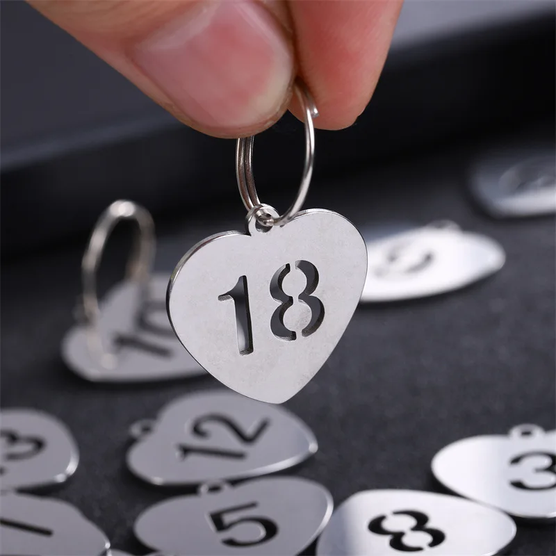 heart-shaped  Arabic Numerals Keyring Stainless Steel Figure Keychain Dog Tag  Lucky Number Hangtag Marker for Key and Room