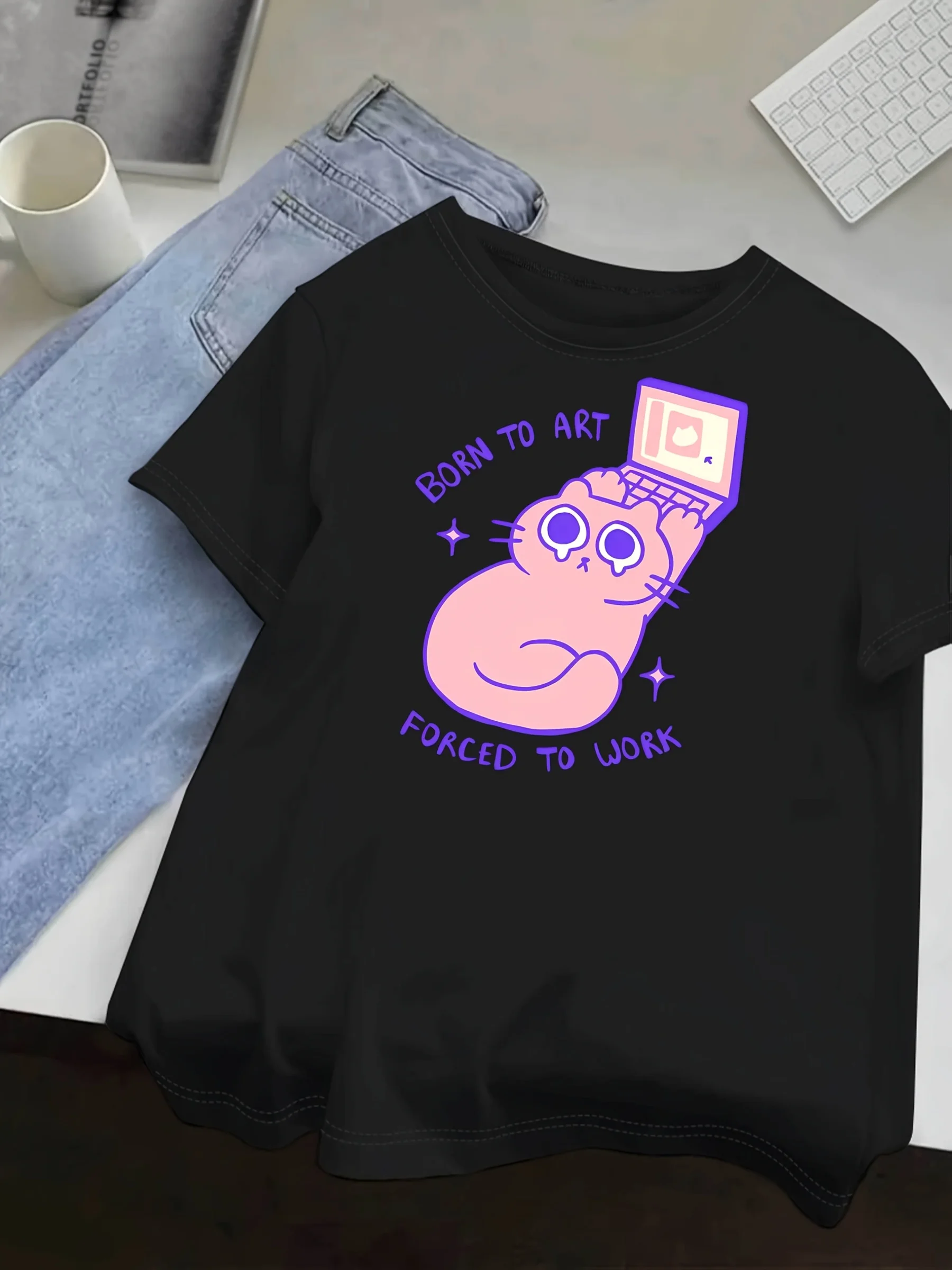 الكرتون البكاء القط طباعة موضة تي شيرت Crewneck عادية تي شيرتات قصيرة الاكمام الصيف Harajuku الشارع الشهير بلايز موضة تيز