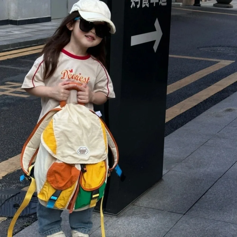 Color Matching 2 Sizes Parent-child Bags Korean Style Large Capacity Drawstring Schoolbag Nylon Multi-pocket Kids Backpack