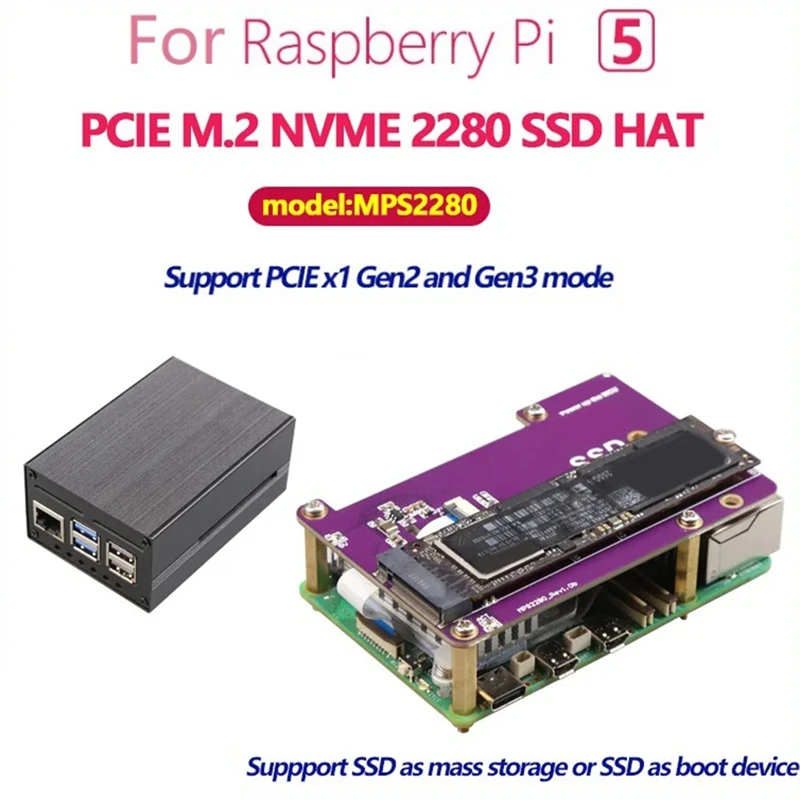 PCIE M.2 NVME 2280 2230 2242 Gen3 SSD HAT Expansion Board+Case+SSD Heat Sink For Raspberry Pi 5 Easy Install Easy To Use