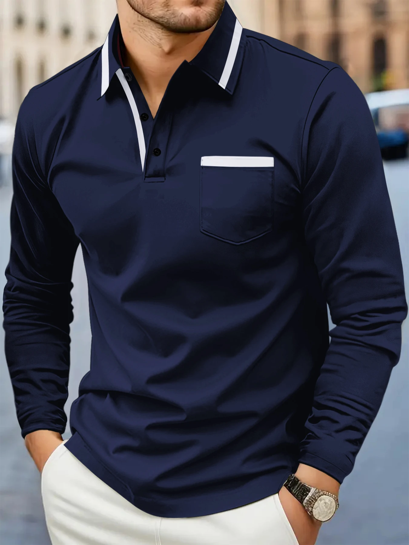 

Spring and fall best-selling fashion golf men's lapel pocket comfortable casual sports solid color long sleeve breathable top