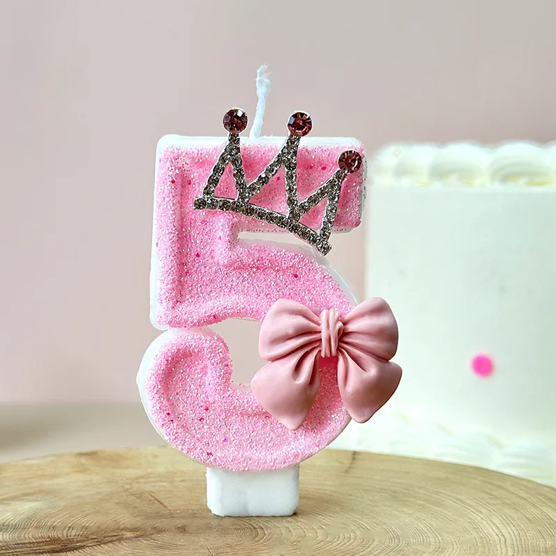Pink Bow Crown Birthday Candles, Fresh Pink Sequined Digital Candles, Party Dessert Baking Cake Atmosphere Decoration Plugins