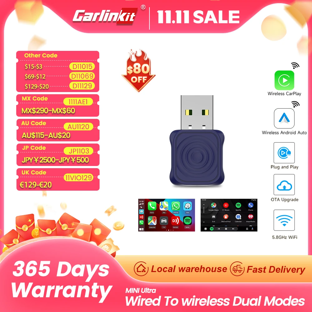 

CarlinKit MINI Ultra Wireless CarPlay Adapter Android Auto Box Wired To Wireless USB Plug and Play 5.8Ghz Seamless Connection