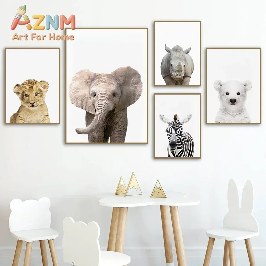 AZNM Baby Safari Animal Canvas Poster Lion Elephant Rhino Zebra Polar Bear Cute Wildlife Print Nursery Kids Room Wall Decor Unfr