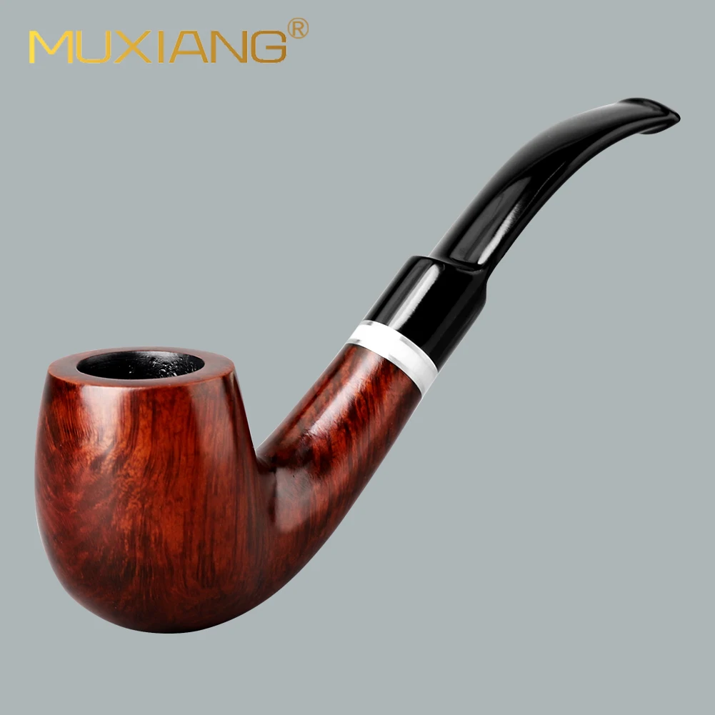 MUXIANG Handmade Briar Tobacco Pipe Bent Billiard Vulcanite Bent Saddle 9mm Filter Stem Dual Nickel‑Silver Bands Imitation Ivory