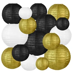 Black Gold White Round Paper Lanterns Decorative Hanging Chinese Japanese Paper Lanterns Lamp for Anniversary Birthday Wedding
