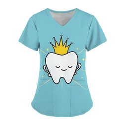 2024 Teeth Print Scrub Tops Women Dentist Working Uniform Nurse Scrub Uniformes Medicos Para Mujer Tooth Hospital Workwear