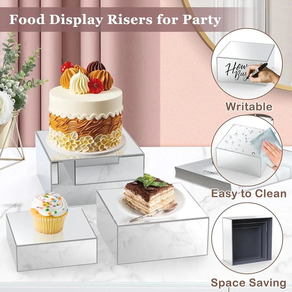 Buffet-Riser, Spiegel-Acryl-Lebensmittel-Riser für Buffet-Tisch, 3 Stück, silberne Lebensmittel-Display-Riser für Party-Buffet-Riser und Ständer