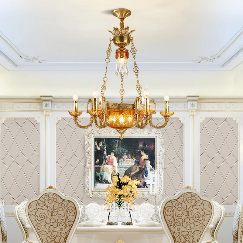 DINGFAN French Living Chandelier All Copper Dining Bedroom European Style Lamp Luxury Villa Aisle Foyer Pendent Light