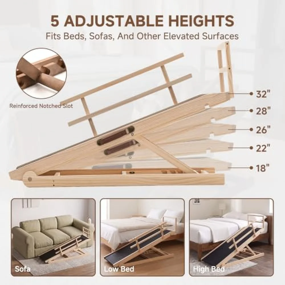 Dog Ramp for Bed & Couch Foldable Wooden Pet Ramp 5 Adjustable Heights