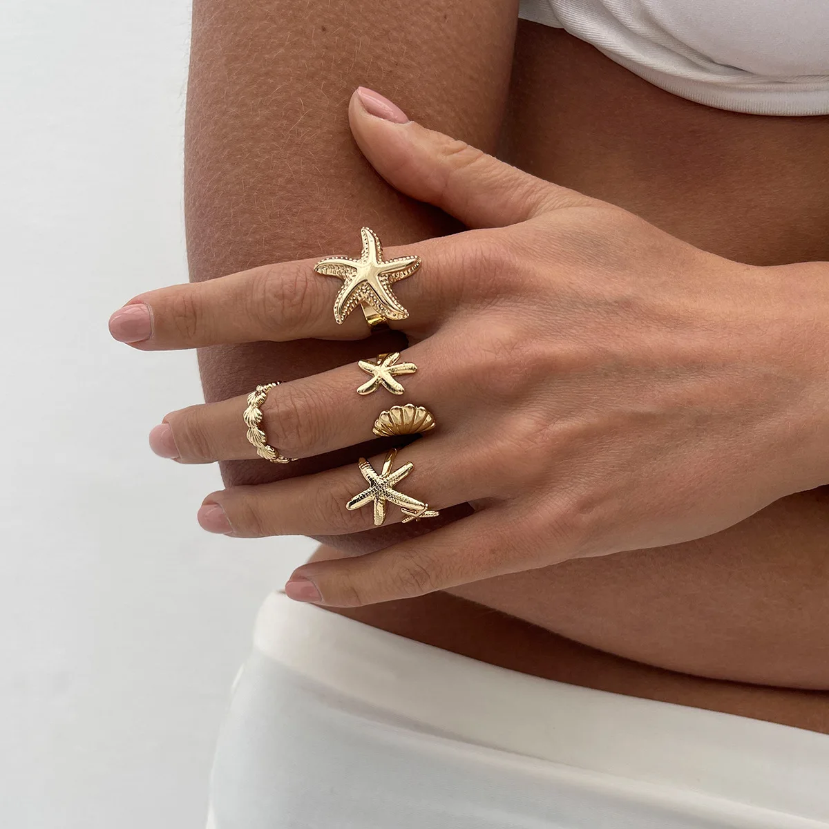 

4Pcs/Set Starfish Scallop Adjustable Open Rings for Women Summer Trendy Geometric Gold Color Beach Jewelry Accessory