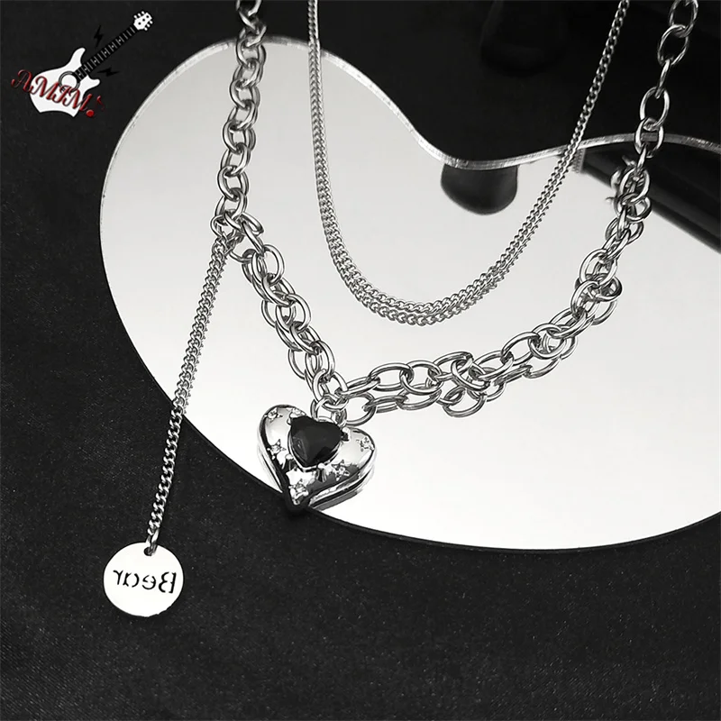 

Black Heart Y2K Alloy Pendant Necklace for Women Stainless Steel Silver Color Gothic Sweet Cool Girl Layer Chain Jewelry N9675-4