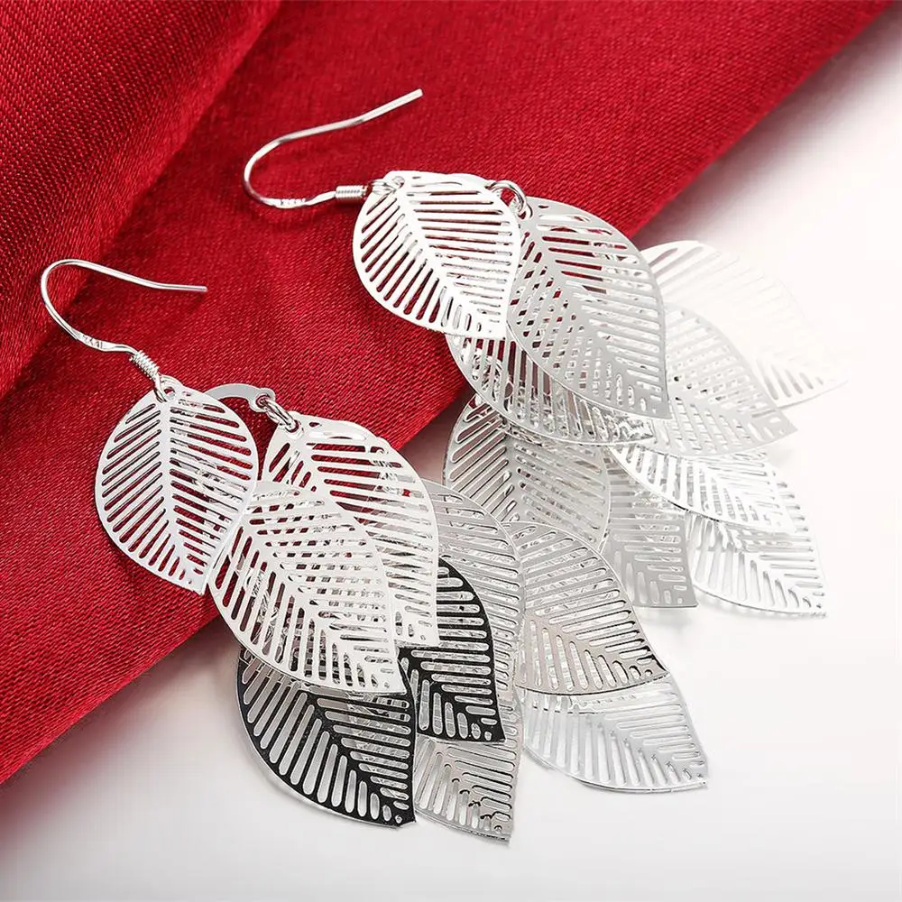 Fine 925 Sterling Silver Tassel Layered Leaves Drop Earrings for Woman fashion party Trendsetter wedding Jewelry Holiday gift