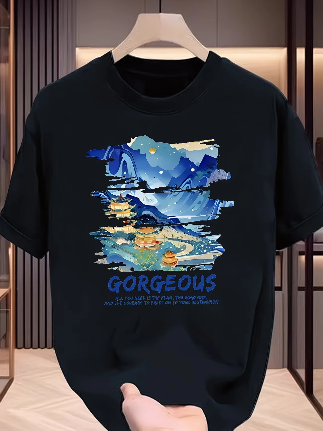 Vintage Oriental Landscape Graphic T-Shirt Women Men Aesthetic Mountain Night Scene Print Tee Gorgeous Art Style Fashion Top