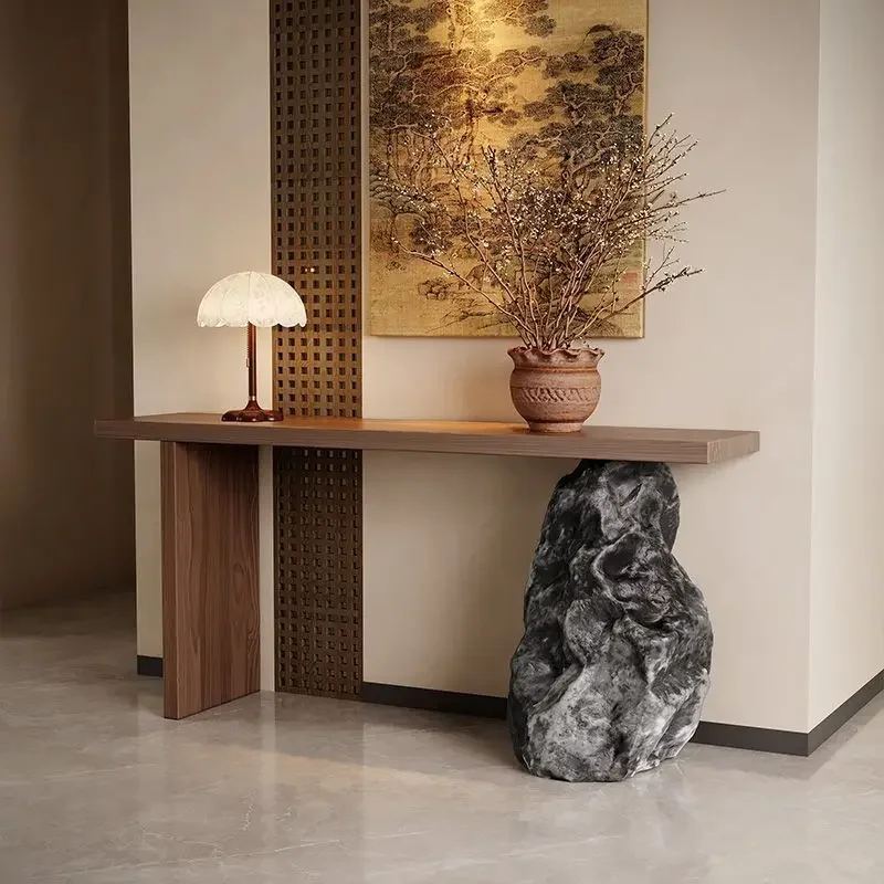 طاولة مدخل من الخشب الصلب بالكامل على الطراز المتوسط القديم، طاولة مدخل ممر إن ترانس، حجر تقليد للفيلا