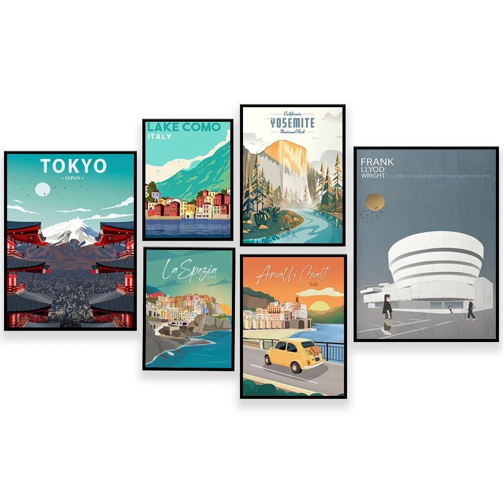 Lake Come, Amalfi, cartel turístico del Parque Nacional de Yosemite, Villa Savoy, Le Corbusier, Solomon R. Guggenheim, Frank Lloyd Wright