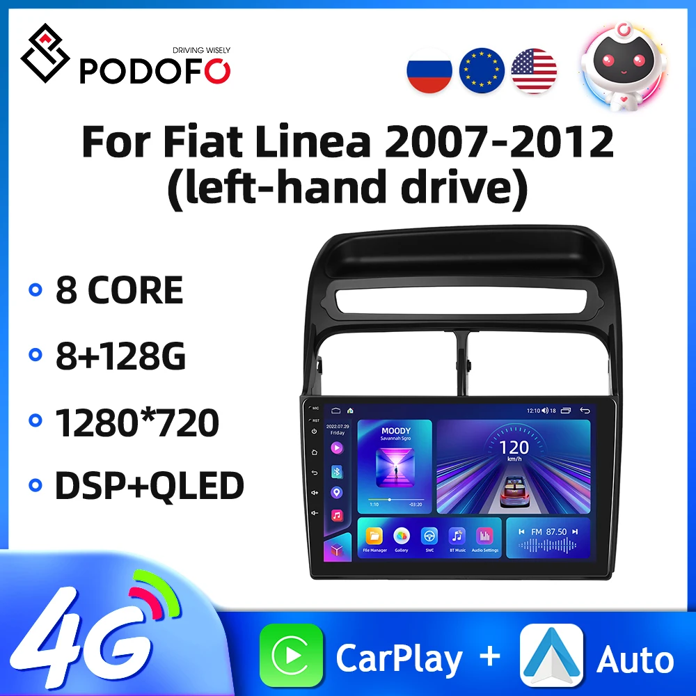 

Podofo 2Din 9'' Car Radio For Fiat Linea 2007-2012 Multimedia Player Carplay Android Auto GPS Navigation WIFI 4G DSP Car Stereo