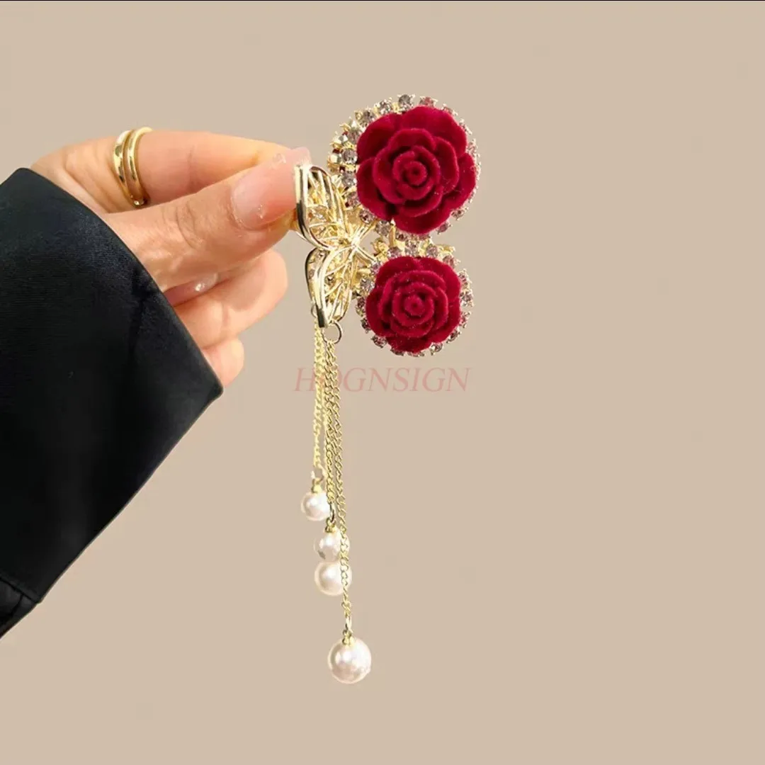 High grade flocking tassel rose flower grab clip half tied hair shark clip hair clip accessory