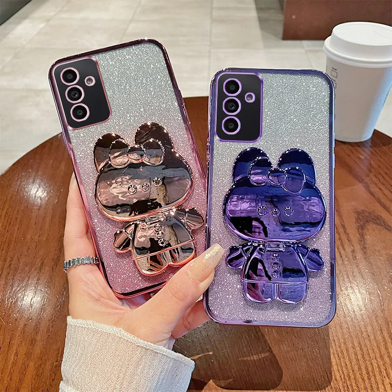 A34 Case For Samsung Galaxy A34 Luxury Gradient Glitter Makeup Mirror Rabbit Folding Stand Soft Silicone Back Cover Samsung A34