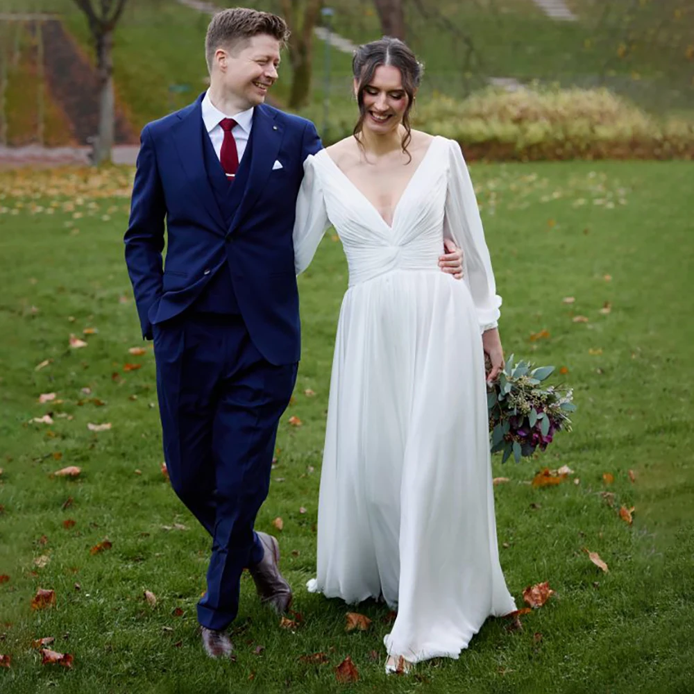 V Neck A Line Chiffon Wedding Dress Simple Long Bishop Sleeves Criss Cross Backless Ruched Ivory Solid Bridal Gowns Customized