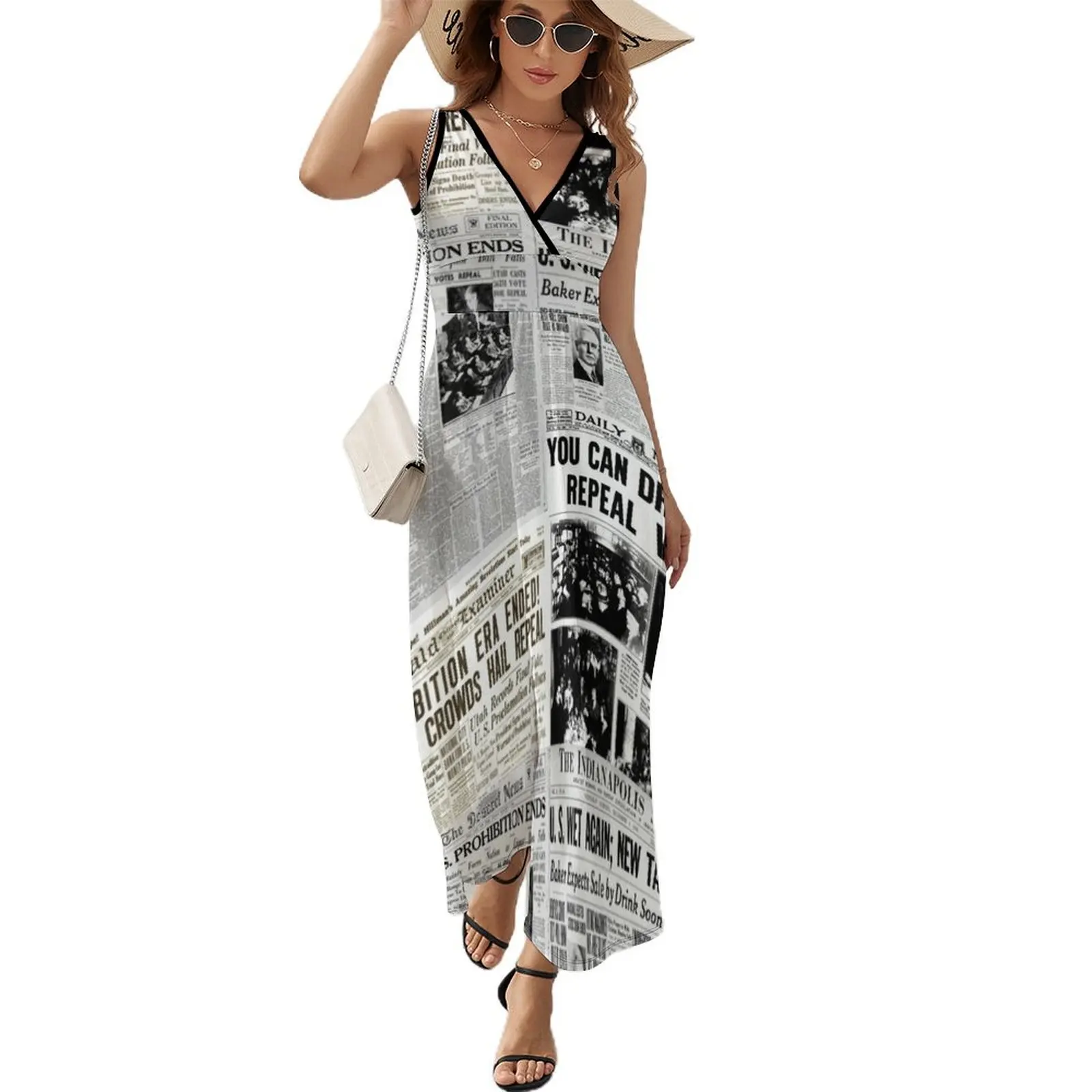 

Платье без рукавов с газетным коллажем, платье для девочек, женское летнее платье, элегантные платья