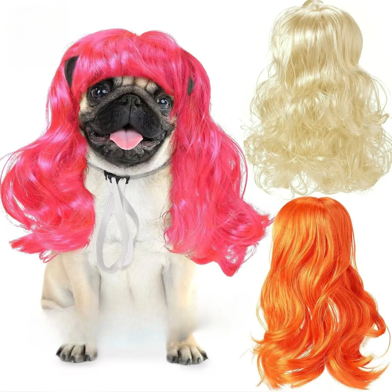 Pet Wig Long Curly Hair Blunt Bangs Wig for Dog Doggy Blue Orange Red Brown Blonde Headdress Cat Toupee Headgear Head Ornaments