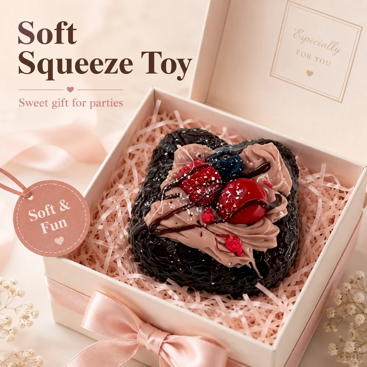 Soft Food Grade Textured Heart Chocolate Squeeze Toy Swirl Chocolate Cream Fresh Berries Chocolate Drizzle Freeze Dried