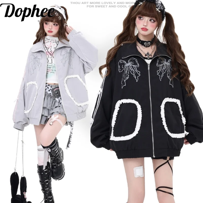 Dophee-女性のためのかわいい弓のインターチェンジジャケット、ルーズジップコート、スポーツスタイル、オリジナルの若い女の子、y2k、秋の長袖ウインドブレーカー