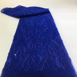 2024 Sexy Royal Blue tessuto di pizzo africano di alta qualità con paillettes 3d tessuto di Tulle ricamato di lusso per cucire abito da sposa