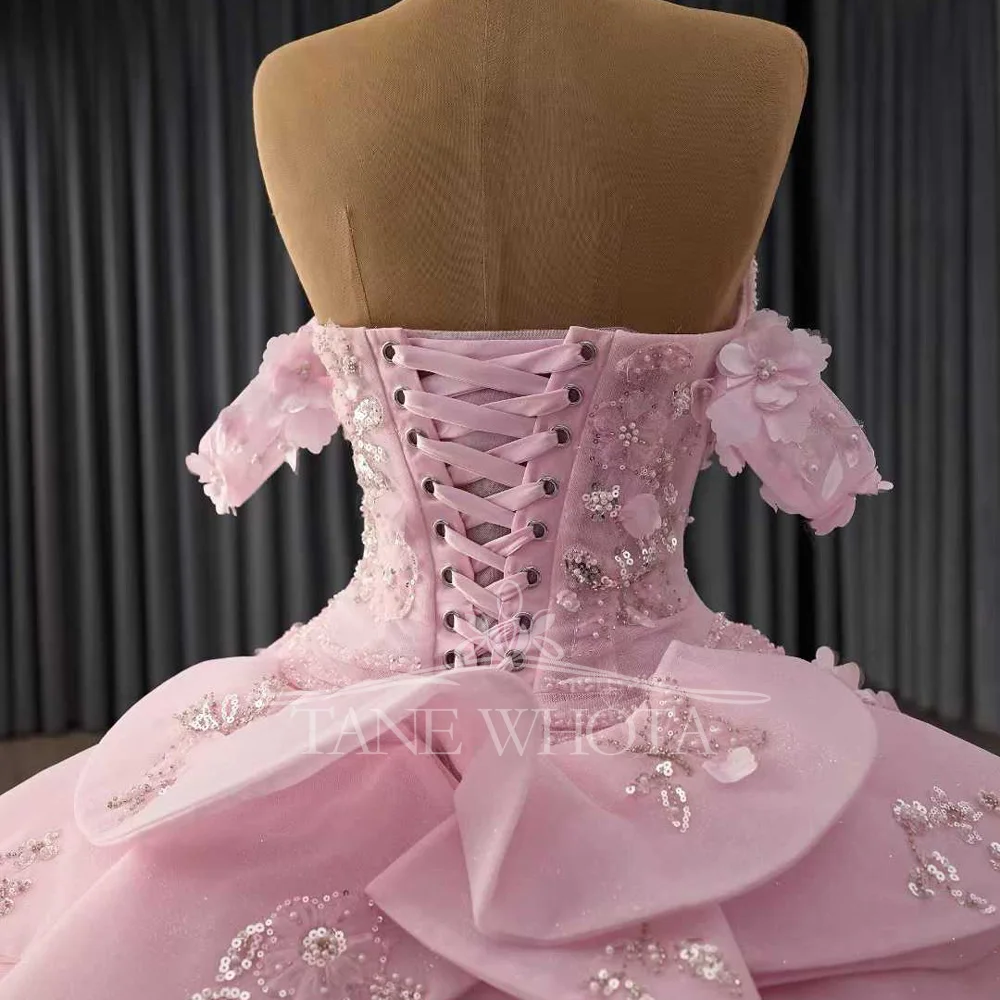 Pink Sweetheart Off The Shoulder Quinceanera Dress With Lace-Up Back Appliques Beading Sequined Vestido De 15
