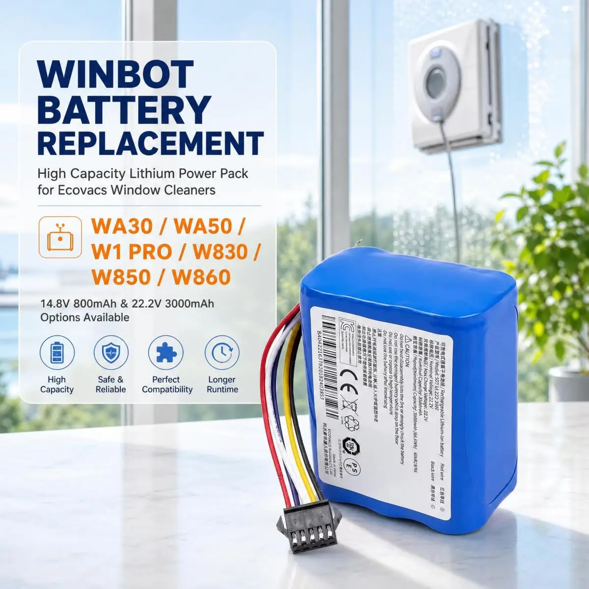 800mAh 3000mAh Lithium Battery Pack Replacement for Ecovacs Winbot WA30 WA50 W1 PRO W830 W833 W836 W850 W860 Window Washer Robot