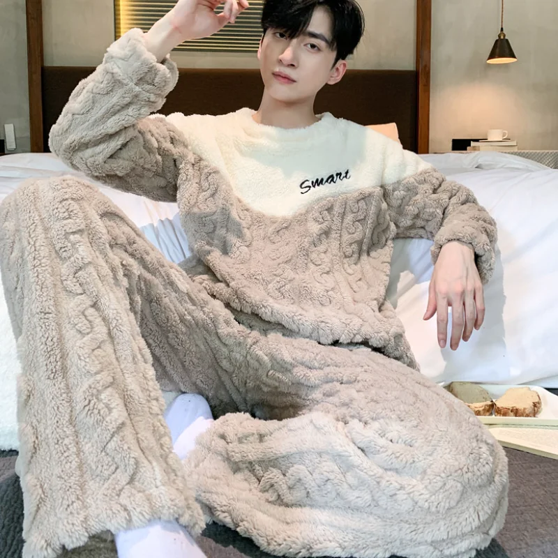 

Man Winter Clothing Pajamas Men Clothing Autumn Sportswear Youth Casual Wear Y2K Bath Clothes Flannel 2Pcs/set Homewear Thicken