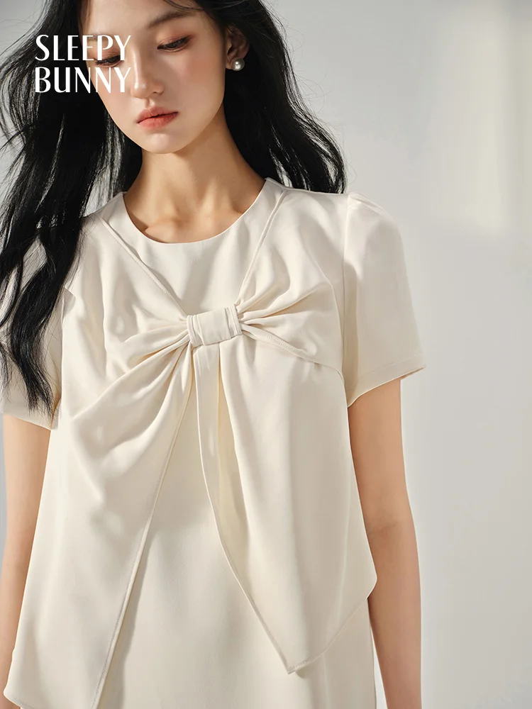 Doce arco vestido de manga curta feminino verão falso de duas peças a linha mini vestido elegante estilo coreano roupa diária ou data olhar