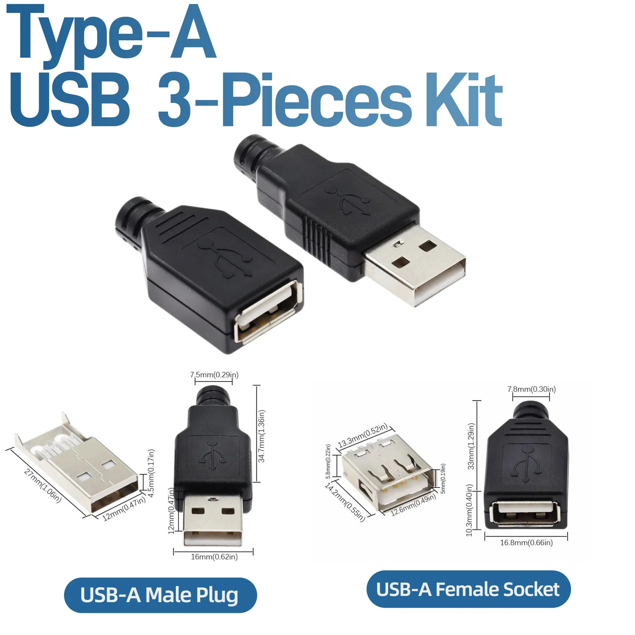 10-50pcs USB‑A Male Female Solder‑type Plug Socket 3‑Pieces Kit Plastic Housing DIY Connector Adapter