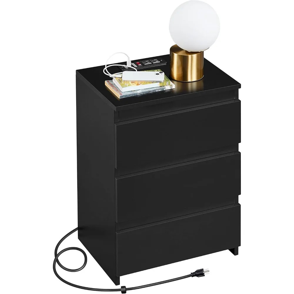 Nightstand with Charging Station, Wood Bedside Table with 3 Drawers, Bedside Storage Cabinet Unit with 2 USB Ports & P