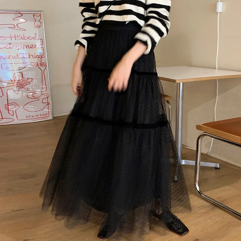 Women\'s Summer Casual Fashion Korean-Style High Waist Black All-Match Lace A- Line Skirt