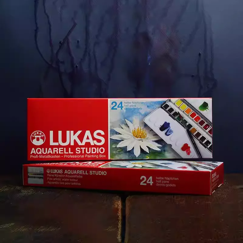 Lukas-旅行用の水彩絵の具,ハーフパン,透明な絵画ブラシ,ポータブルパレット,金属ボックス,24色