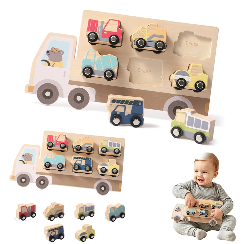 Wooden Engineering Vehicle Puzzle Toy 6 Types Digger Dump Truck Crane Roller Cement Truck Water Based Paint Smooth Round Corners