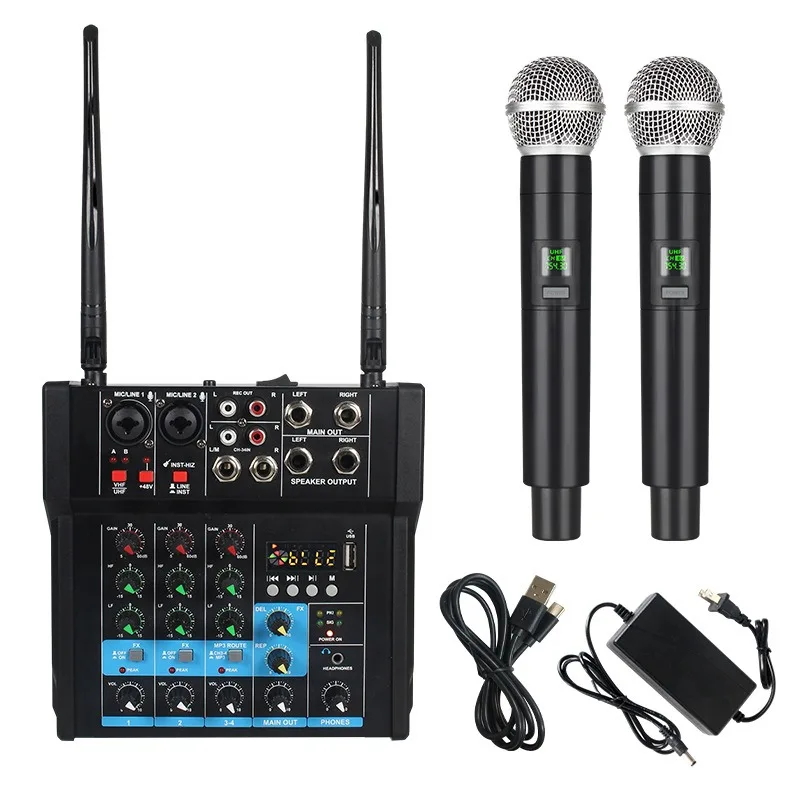 Audio Mixer Amplifier With Bluetooth Sound Card Dual Wireless Microphones For Karaoke Recording Home Audio Equipment