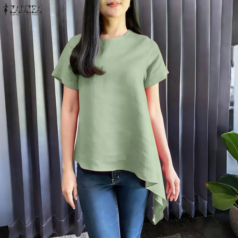 

Женские блузки ZANZEA, летние однотонные топы с короткими рукавами, блузки с асимметричным подолом, модные блузки для офиса и вечеринок, уличная одежда с круглым вырезом