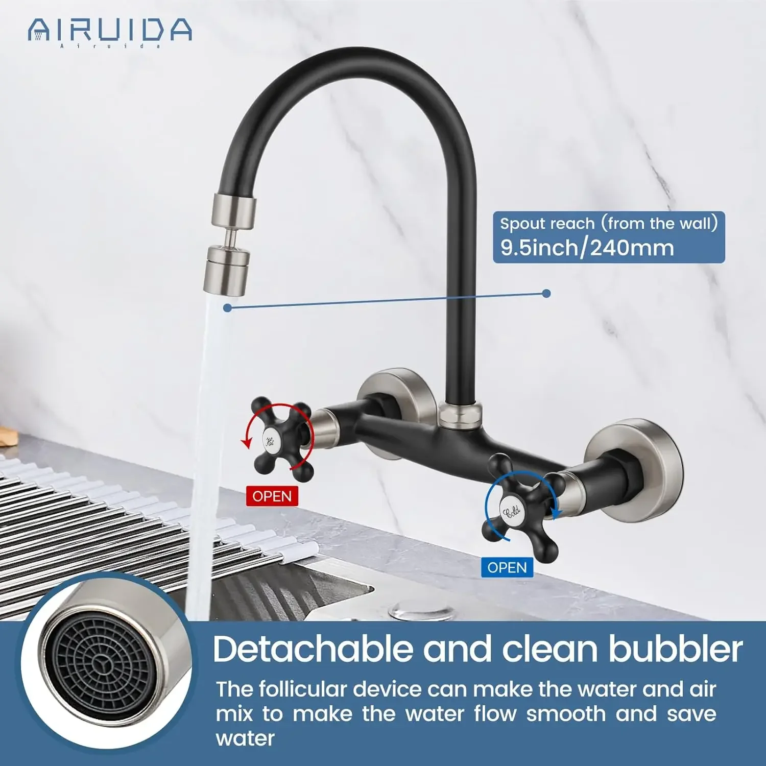 Matte Black & Brushed Nickel Wall Mount Kitchen Faucet 8 Inch Center Utility Sink Faucet with Sprayer  Dual Handle