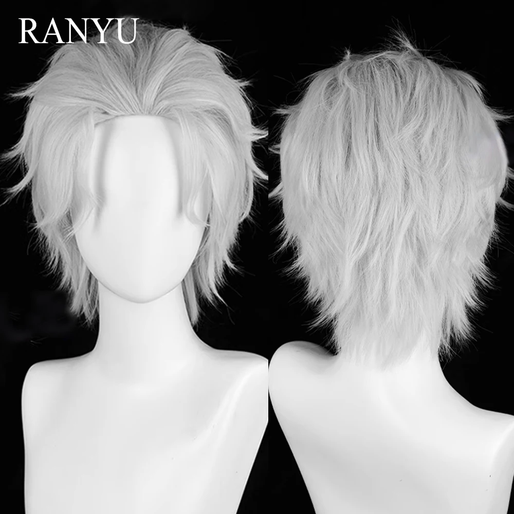 

RANYU Short Silver White Straight Synthetic Wig Middle Part Anime Game Cosplay Men Fluffy Hair Wig for Daily Party