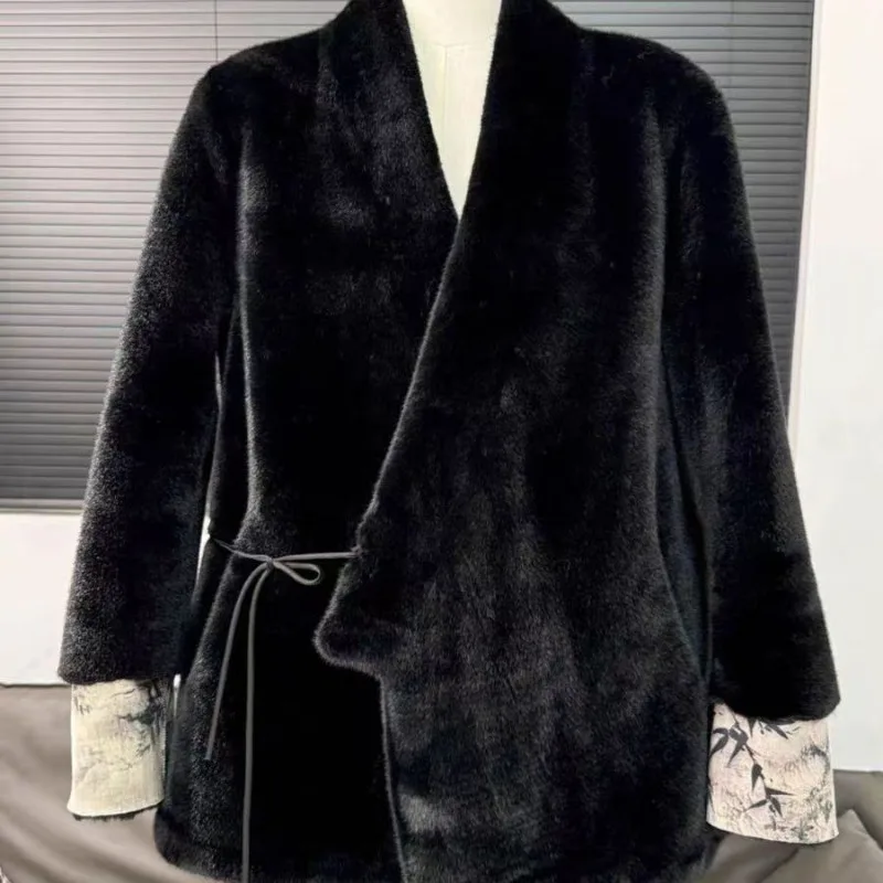 الشتاء النمط الصيني الفراء الحبر غسل المتكاملة المطبوعة معطف المنك النمط الصيني معطف على الوجهين المألوف سميكة معطف الفرو WF