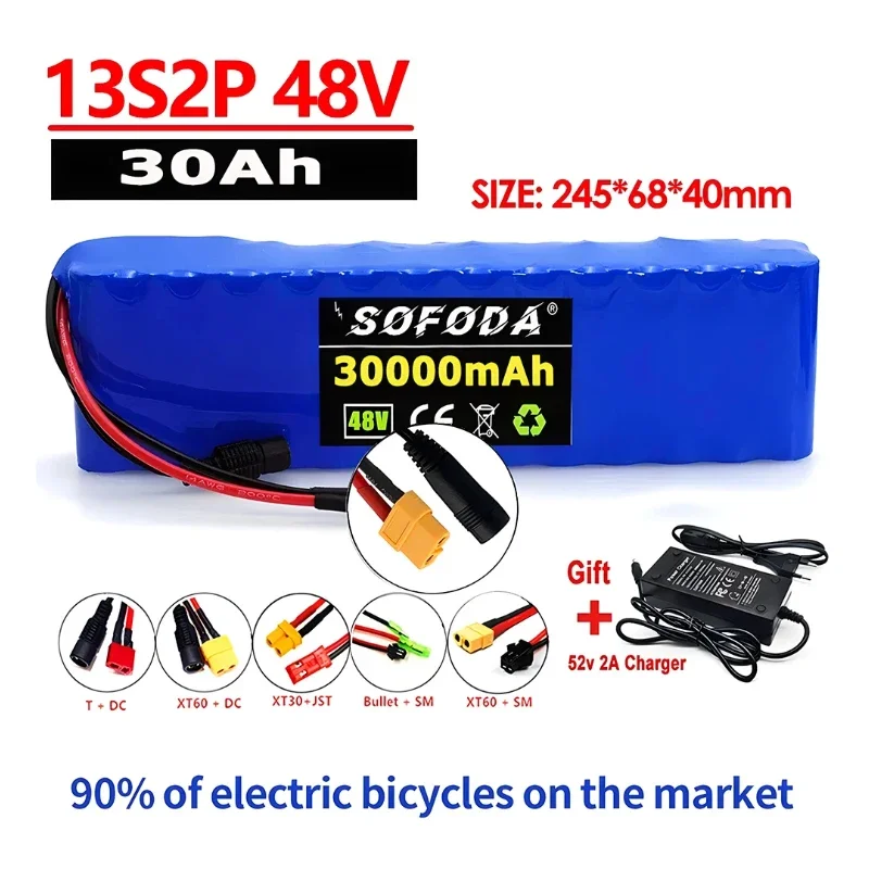 

E-bike Battery 30Ah 48v 18650 Lithium Ion Battery Pack 13S2P Bike Conversion Kit Bafang 1000w and 54.6V 2A Charger + XT60 Plug