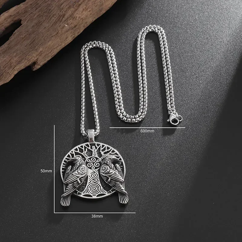 Retro Norse Mythology Double Raven Tree of Life Pendant Necklace for Men Personality Charm Hip Hop Cool Casual Jewelry Gift