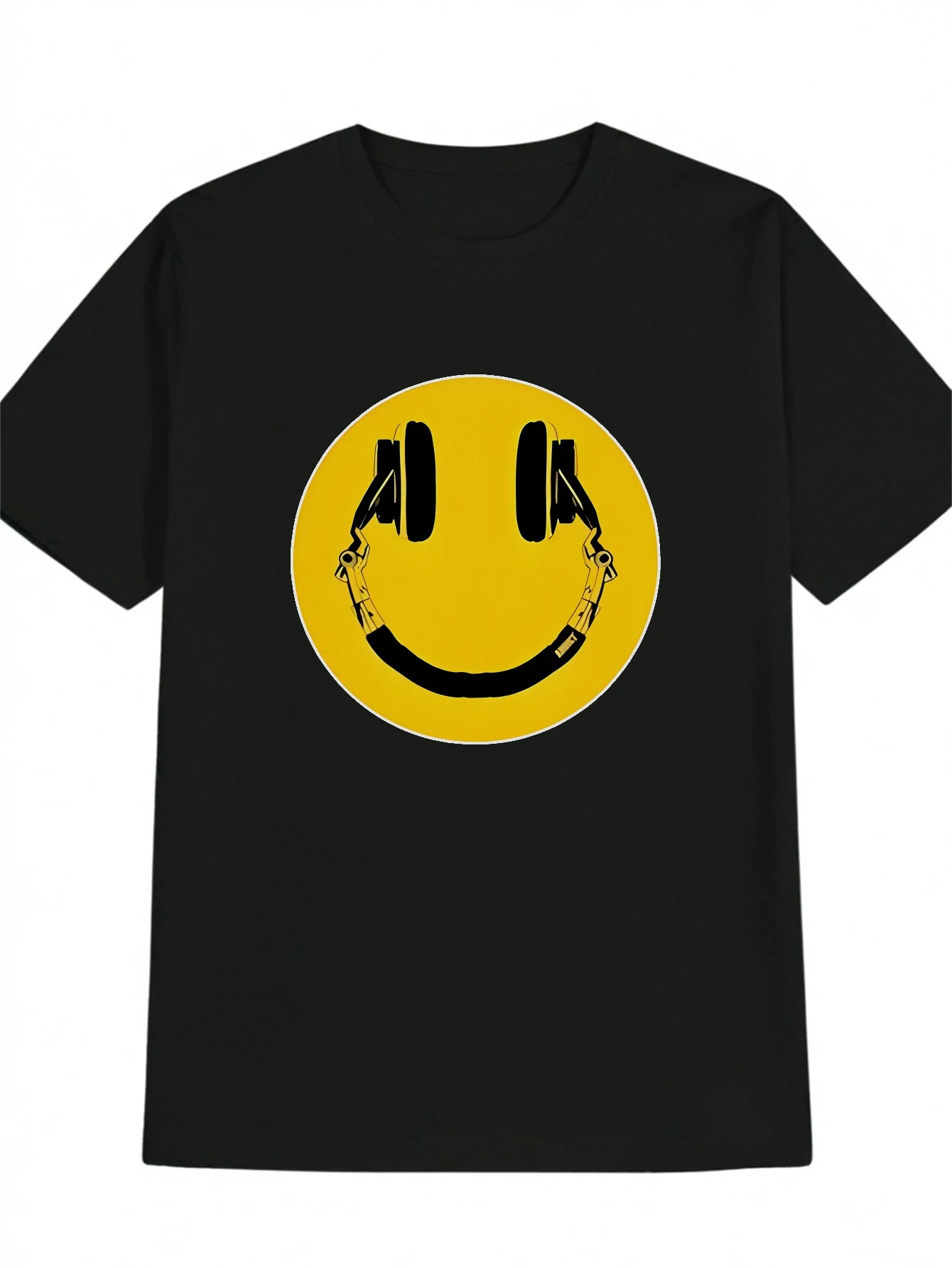 تي شيرت كاجوال برسومات كاجوال للرجال باللون الأسود مع سماعات رأس دائرية صفراء وطباعة وجه مبهجة ورقبة دائرية تي شيرت صيفي #1